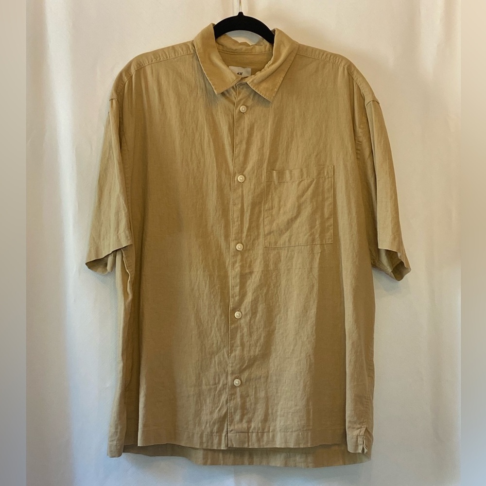 H&M Mens Tan Short Sleeve Button Down Shirt Large Coastal Linen Cotton Blend
